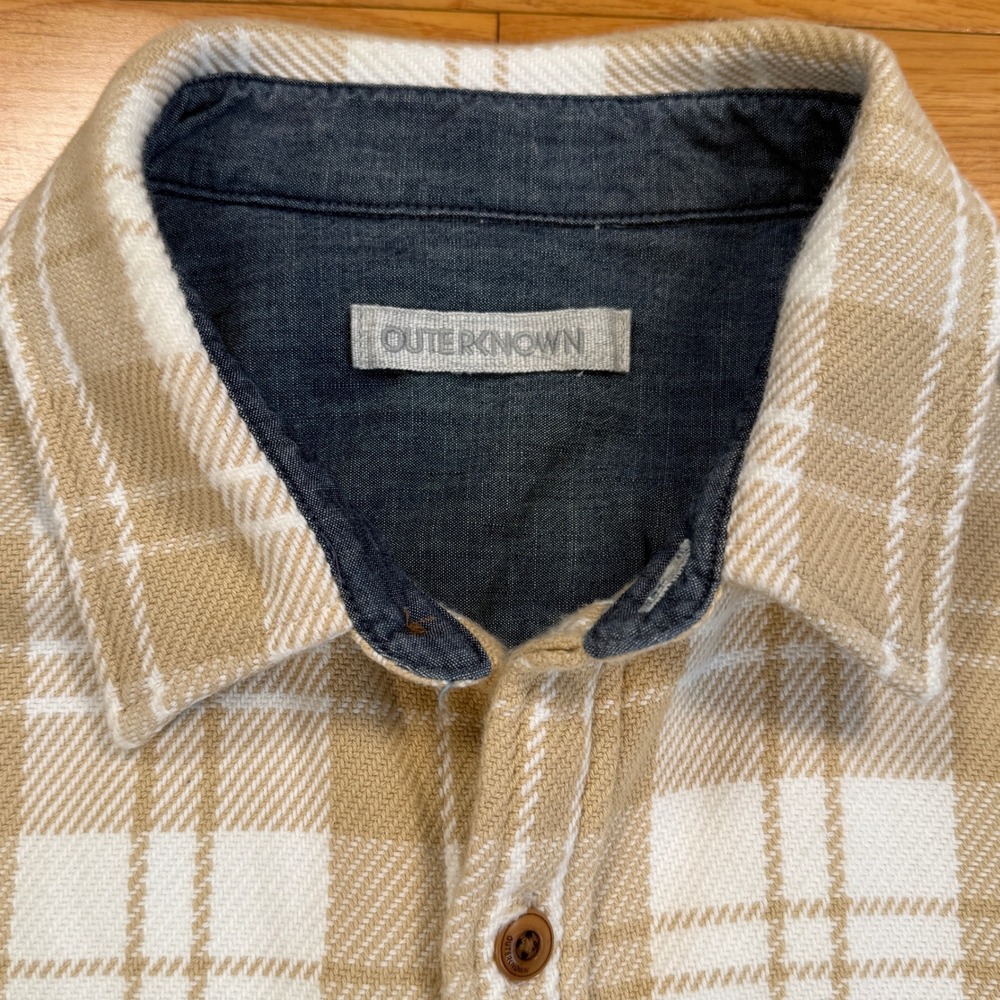 Outerknown Blanket Shirt Mens‎ Small Tan White Plaid Organic Cotton Button Down - Picture 3 of 9